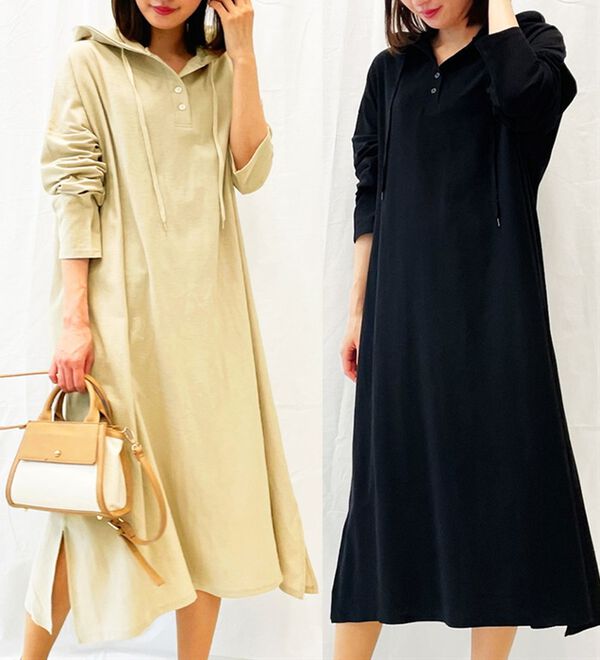 RANAN（ラナン）の「【吸水速乾】綿100％ヘンリーネックパーカーワンピース（長袖）（カットソーワンピース）」｜詳細画像