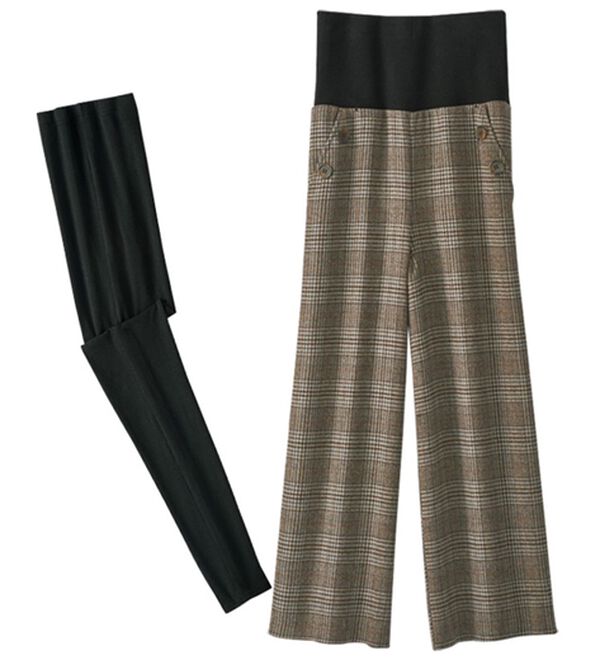 BELLUNA（ベルーナ）の「レギンス付！お腹ラクな着心地ワイドパンツ（ワイドパンツ・ガウチョ）」｜ブラウンチェック