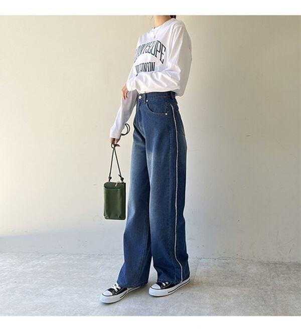 GeeRA（ジーラ）の「サイドラインワイドデニムパンツ（フルレングスパンツ）」｜詳細画像