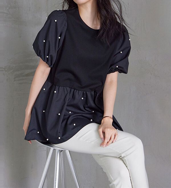 RANAN（ラナン）の「ひんやり！パール調ビーズ使いボリューム袖プルオーバー（カットソー）」｜詳細画像