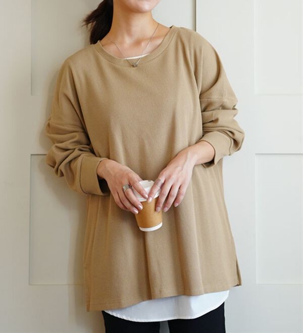 A HAPPY MARILYN（アハッピーマリリン）の「【Ｌ～８Ｌ】コットン１００％ 楽にのびる ワッフルシリーズ ゆったりプルオーバー（Tシャツ）」｜グレージュ