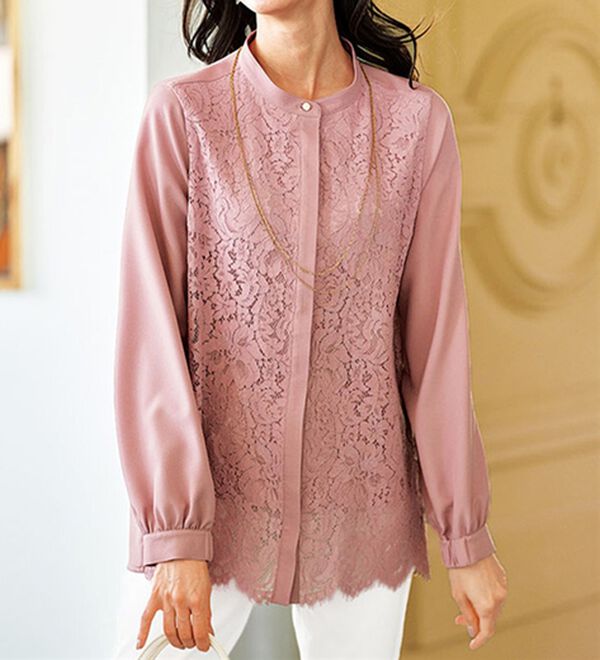BELLUNA（ベルーナ）の「上品スカラップレース使いシャツチュニック（チュニック）」｜ピンク