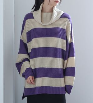 「【ＬＬ～４Ｌ】オフタートルワイドボーダーニットプルオーバー（ニット・セーター）」｜グレージュ&times;パープル