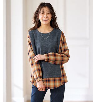 BELLUNA（ベルーナ）の「チェック柄切替デザインプルオーバー（ニット・セーター）」｜ネイビー系