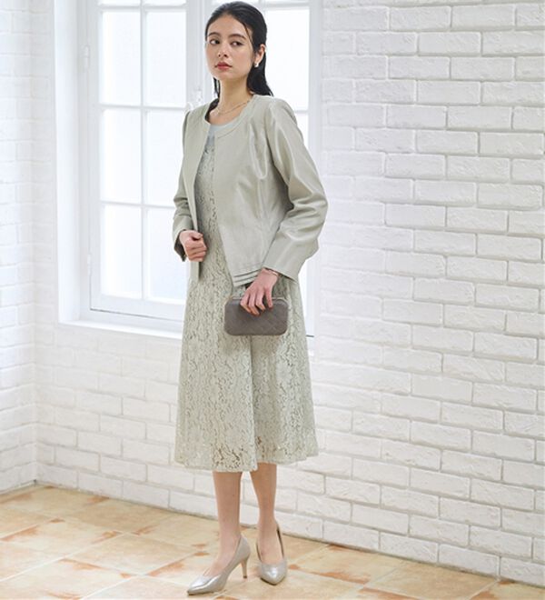 BELLUNA（ベルーナ）の「シャンタン素材ノーカラージャケットレースワンピースアンサンブル（ワンピースセットスーツ）」｜詳細画像