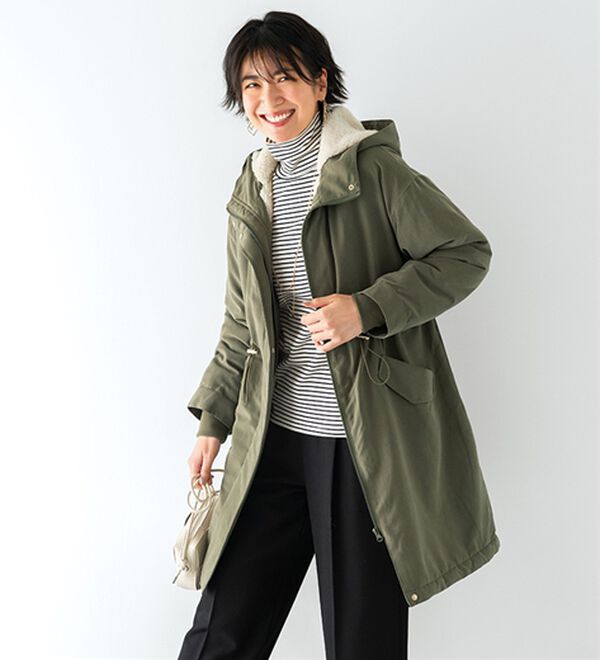 BELLUNA（ベルーナ）の「フード付裏ボア　ロング丈モッズコート（ロングコート）」｜カーキ