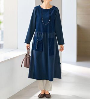 BELLUNA（ベルーナ）の「綿素材・異素材切替ワンピース（その他ワンピース）」｜インディゴ系