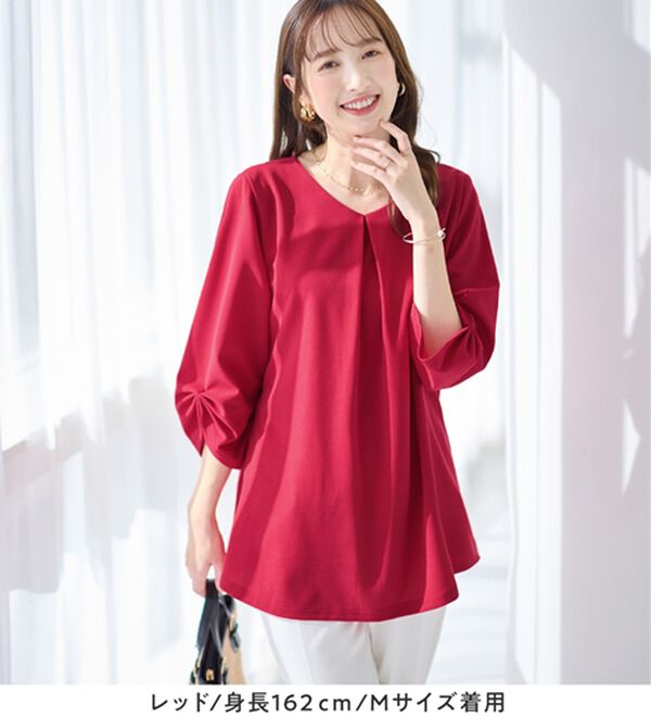 alotta（アロッタ）の「＜６つの機能付＞７分袖Ａラインフレアチュニックブラウス（チュニック）」｜詳細画像