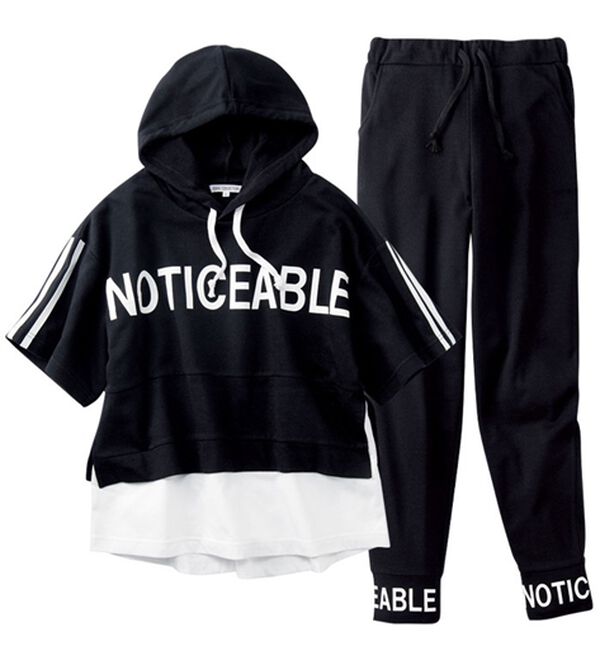 YU'NOW（ユナウ）の「裾レイヤードスポーティロゴパーカー＆パンツセット（パジャマ・ルームウェア）」｜ブラック