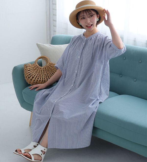 A HAPPY MARILYN（アハッピーマリリン）の「【Ｌ～６Ｌ】綿１００％ギャザーたっぷりワンピース【風通るクラシック】（シャツワンピース）」｜詳細画像
