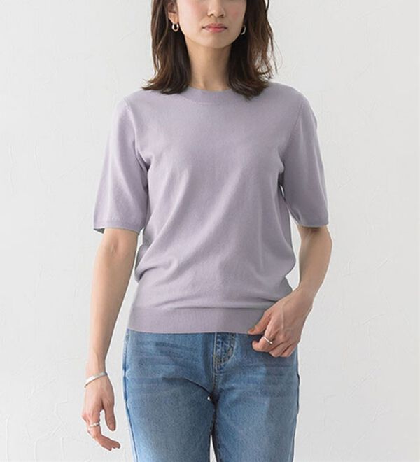 Pierrot（ピエロ）の「【洗濯機で洗える】【ＵＶカット】シルクタッチ半袖ニット（ニット・セーター）」｜詳細画像