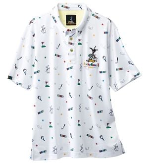 「＜ロッキーラビット＞ゴルフデザイン総柄ポロシャツ（メンズポロシャツ）」｜ホワイト