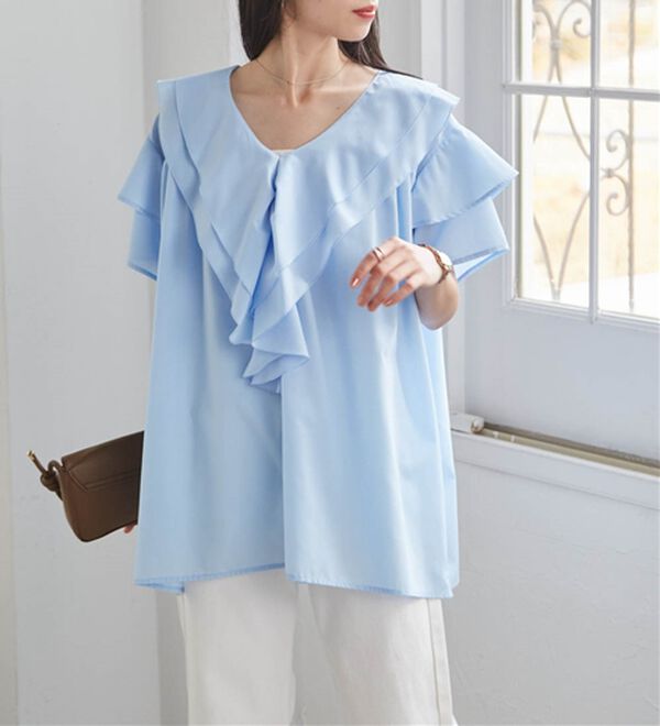 RANAN（ラナン）の「ビッグカラーフリルハーフスリーブブラウス（シャツ）」｜詳細画像