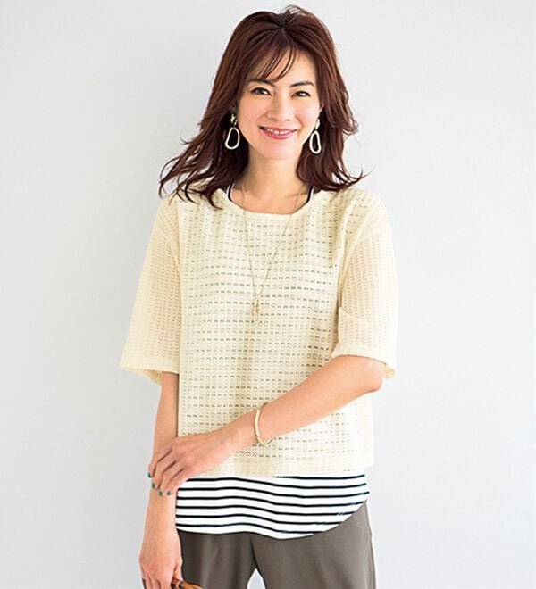 BELLUNA（ベルーナ）の「透かし編プルオーバーアンサンブル（アンサンブル）」｜アイボリー