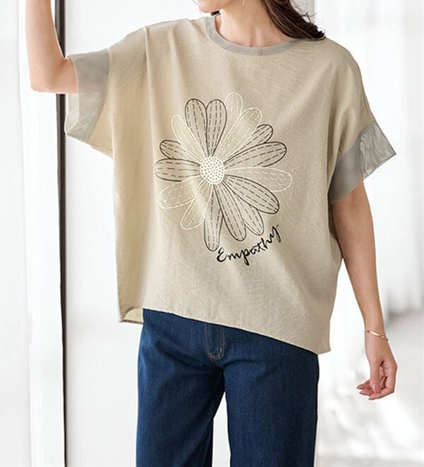 BELLUNA（ベルーナ）の「夏の主役！花柄プリントメッシュ使いブラウス（ブラウス）」｜詳細画像