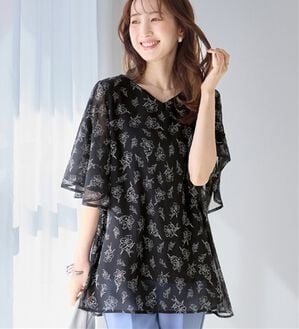alotta（アロッタ）の「インナー付き上品ドレープチュニック（チュニック）」｜ブラック系線画花柄