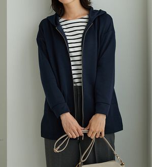 BELLUNA（ベルーナ）の「フードデザインとろみ素材ジップアップパーカー（パーカー）」｜ネイビー