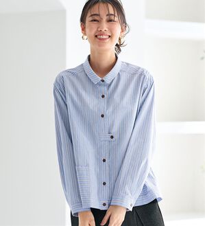 BELLUNA（ベルーナ）の「ワイドパンツに合わせる綿素材ストライプブラウス（ブラウス）」｜ブルー系