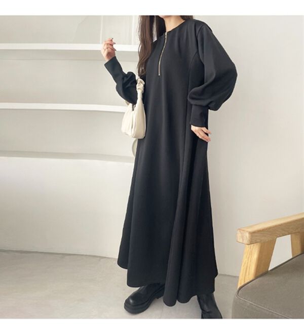 GeeRA（ジーラ）の「【再入荷】1枚で決まる！ハーフジップフレアワンピース（カットソーワンピース）」｜詳細画像