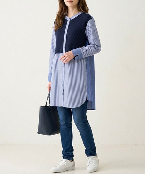 BELLUNA（ベルーナ）の「ストライプ&times;異素材切替シャツチュニック（チュニック）」｜詳細画像