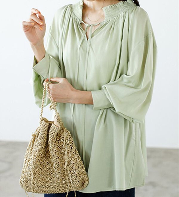 GeeRA（ジーラ）の「リボン付スキッパーブラウス（ブラウス）」｜ライトグリーン