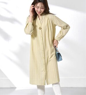 BELLUNA（ベルーナ）の「綿100％ダブルガーゼ素材ワンピース（その他ワンピース）」｜イエロー系ストライプ