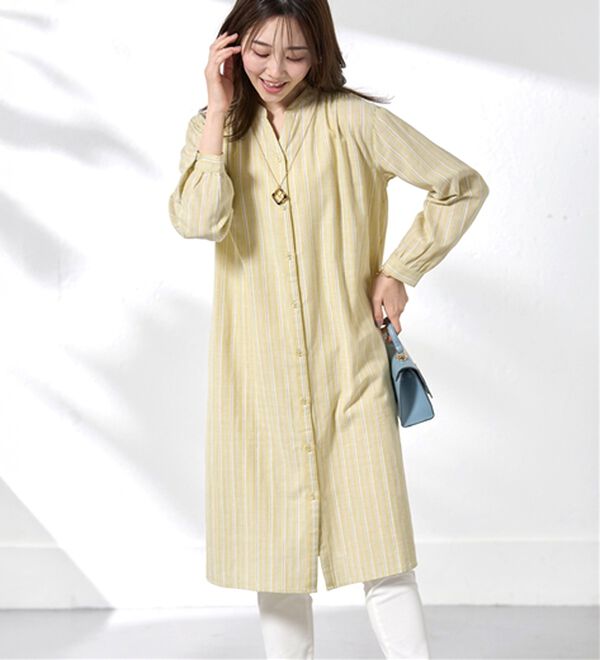 BELLUNA（ベルーナ）の「綿100％ダブルガーゼ素材ワンピース（その他ワンピース）」｜イエロー系ストライプ