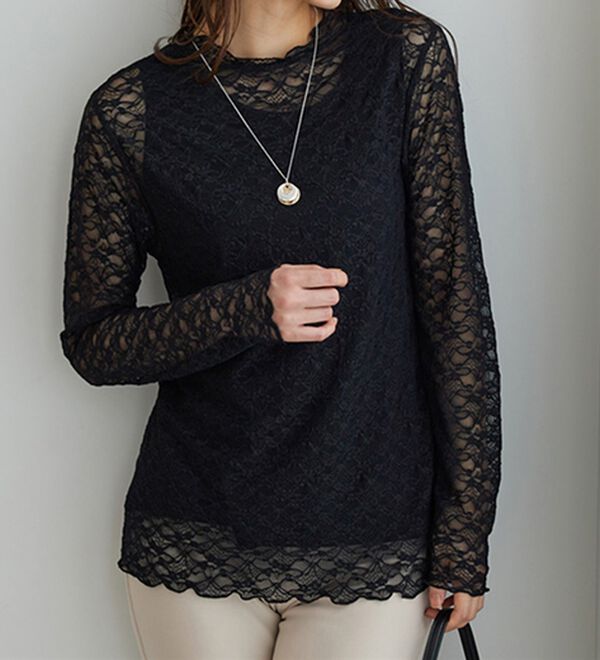 BELLUNA（ベルーナ）の「【重ね着にぴったり♪】のびやかレース素材メロー使いインナー（カットソー）」｜詳細画像