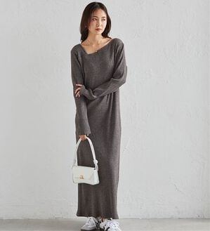 RANAN（ラナン）の「アシメネックリブワンピース（ロングワンピース）」｜チャコール
