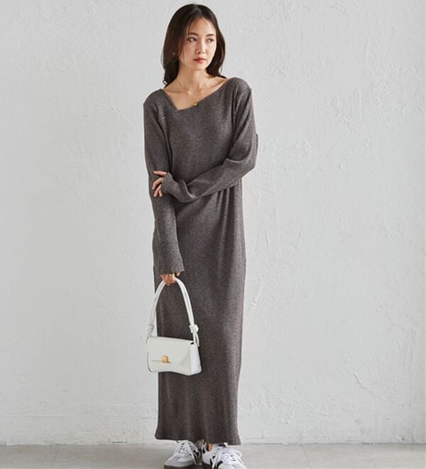 RANAN（ラナン）の「アシメネックリブワンピース（ロングワンピース）」｜チャコール