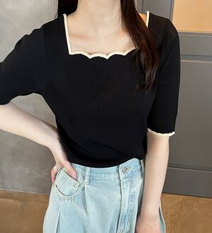 GeeRA（ジーラ）の「配色スカラップ５分袖ニット（ニット・セーター）」｜ブラック