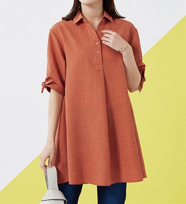 BELLUNA（ベルーナ）の「ヒンヤリ！麻調素材袖リボン使いシャツチュニック（チュニック）」｜詳細画像