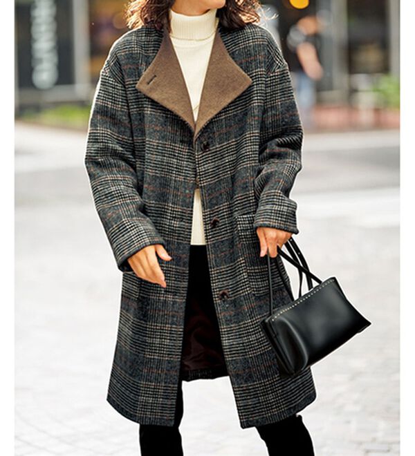 BELLUNA（ベルーナ）の「配色デザインウール調素材ノーカラーコート（ロングコート）」｜グレンチェック