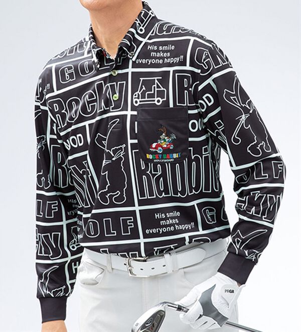 「＜ロッキーラビット＞総柄プリントデザインポロシャツ（メンズポロシャツ）」｜詳細画像