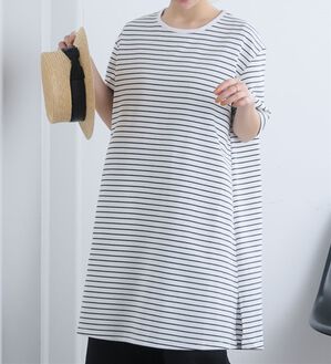 A HAPPY MARILYN（アハッピーマリリン）の「【Ｍ～８Ｌ】【接触冷感・吸水速乾】体型カバー五分袖チュニック（チュニック）」｜オフ&times;ブラック