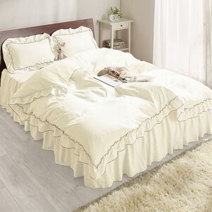 iellio（イエリオ）の「大人かわいいダブルフリル付布団カバーリング＜掛け布団カバー・ボックスシーツ・枕カバー・ずれにくい・オールシーズン・淡色＞（敷布団カバー・シーツ）」｜アイボリー