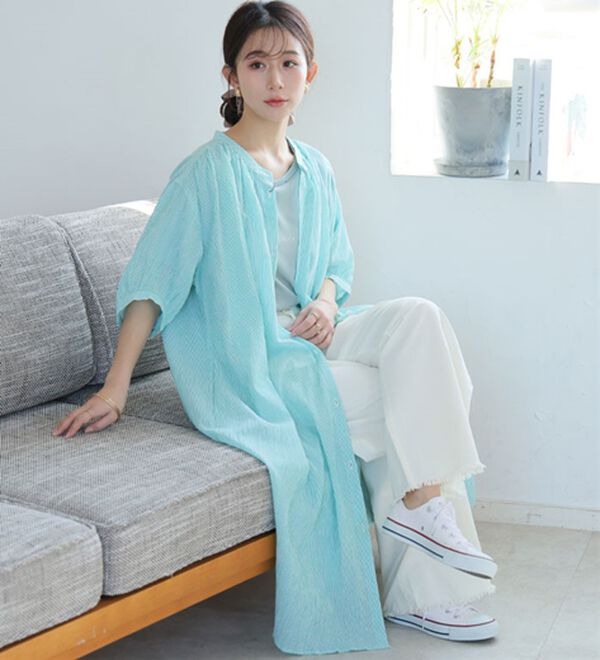 A HAPPY MARILYN（アハッピーマリリン）の「【Ｌ～６Ｌ】【風通るプレミアム】綿１００％ 楊柳 五分袖 ギャザーたっぷりワンピース（カットソーワンピース）」｜詳細画像