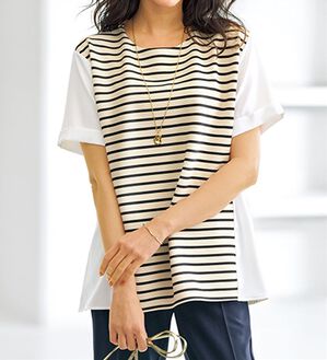 BELLUNA（ベルーナ）の「リップルボーダー細見え切替プルオーバー（カットソー）」｜オフ白系