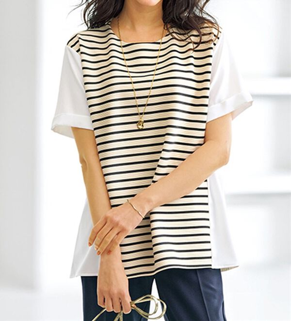 BELLUNA（ベルーナ）の「リップルボーダー細見え切替プルオーバー（カットソー）」｜オフ白系