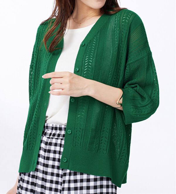 BELLUNA（ベルーナ）の「麻タッチ透かし編５分袖ニットカーディガン（ニットカーディガン）」｜詳細画像