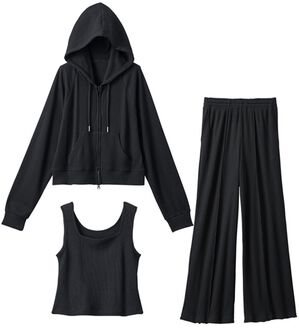 YU'NOW（ユナウ）の「【３点セット】＜ショートパーカータイプ＞ワッフルルームウェアセット（パジャマ・ルームウェア）」｜ブラック