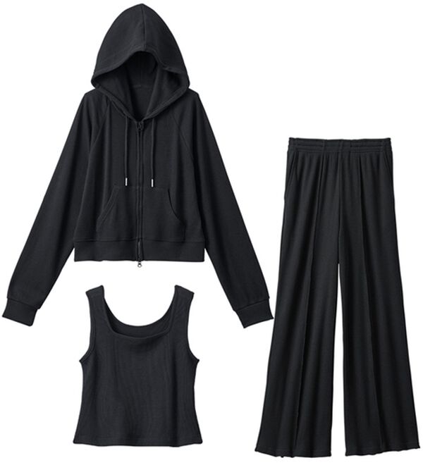 YU'NOW（ユナウ）の「【３点セット】＜ショートパーカータイプ＞ワッフルルームウェアセット（パジャマ・ルームウェア）」｜ブラック