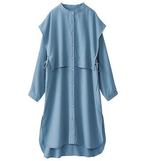 BELLUNA（ベルーナ）の「麻調素材レイヤード風ロングシャツ（シャツワンピース）」｜ブルー