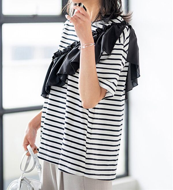 BELLUNA（ベルーナ）の「UVカット！フリル異素材切替プルオーバー（Tシャツ）」｜詳細画像