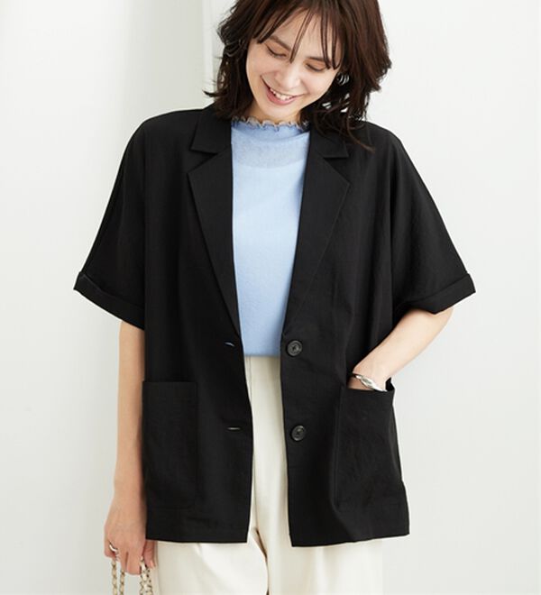 BELLUNA（ベルーナ）の「サラリ快適！ビンテージ調素材半袖テーラードジャケット（テーラードジャケット）」｜詳細画像