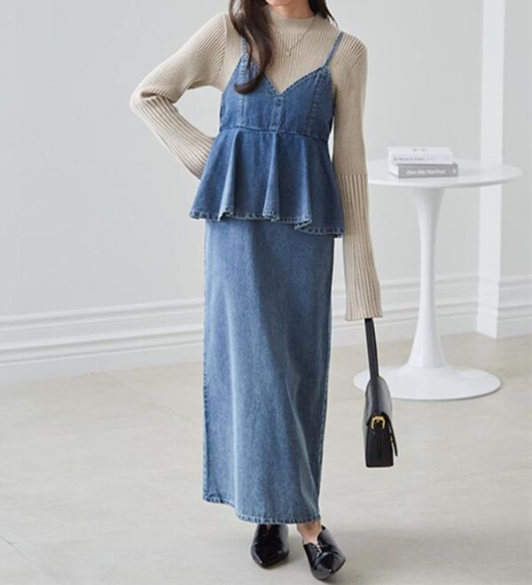 RANAN（ラナン）の「デニムペプラムキャミワンピース（ロングワンピース）」｜詳細画像