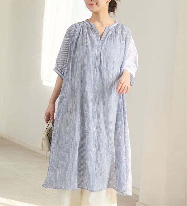 A HAPPY MARILYN（アハッピーマリリン）の「【Ｌ～６Ｌ】【風通るプレミアム】綿・楊柳、五分袖ギャザーたっぷりワンピース。（ロングワンピース）」｜ネイビーストライプ
