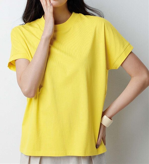 RANAN（ラナン）の「【選べる袖丈】ひんやり！＜BC＞綿100％プチハイネックＴシャツ（カットソー）」｜イエロー（半袖）