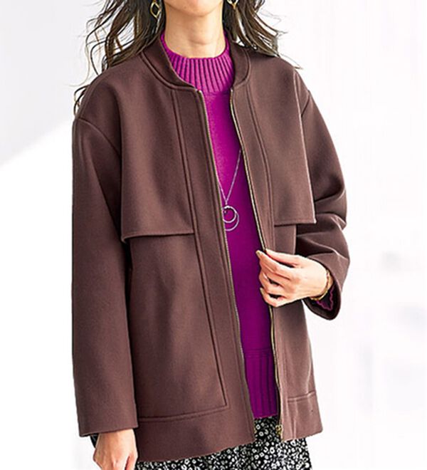 BELLUNA（ベルーナ）の「ウール調素材フリル使いブルゾン（ブルゾン）」｜モカ