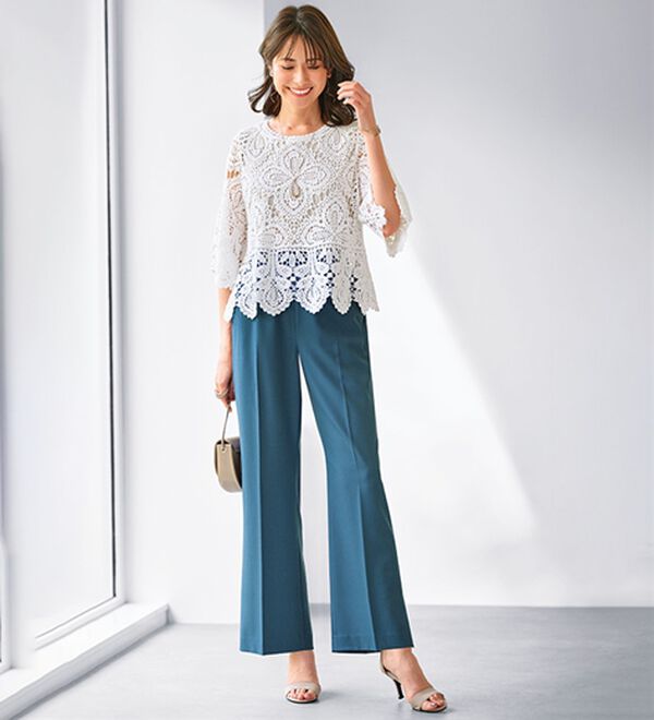 BELLUNA（ベルーナ）の「麻調ストレッチ素材美脚フレアーパンツ（フルレングスパンツ）」｜詳細画像